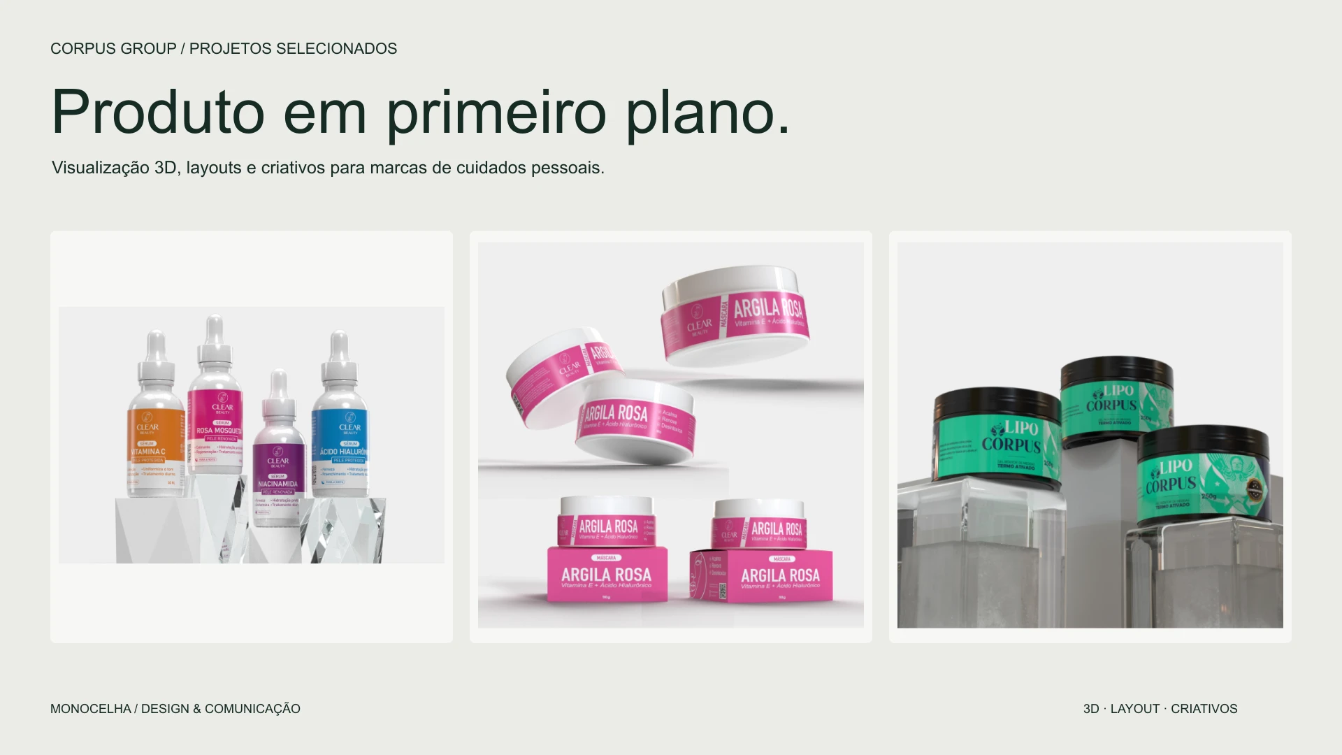 Corpus Group — Visualização 3D · Layouts · Criativos, aplicação 1